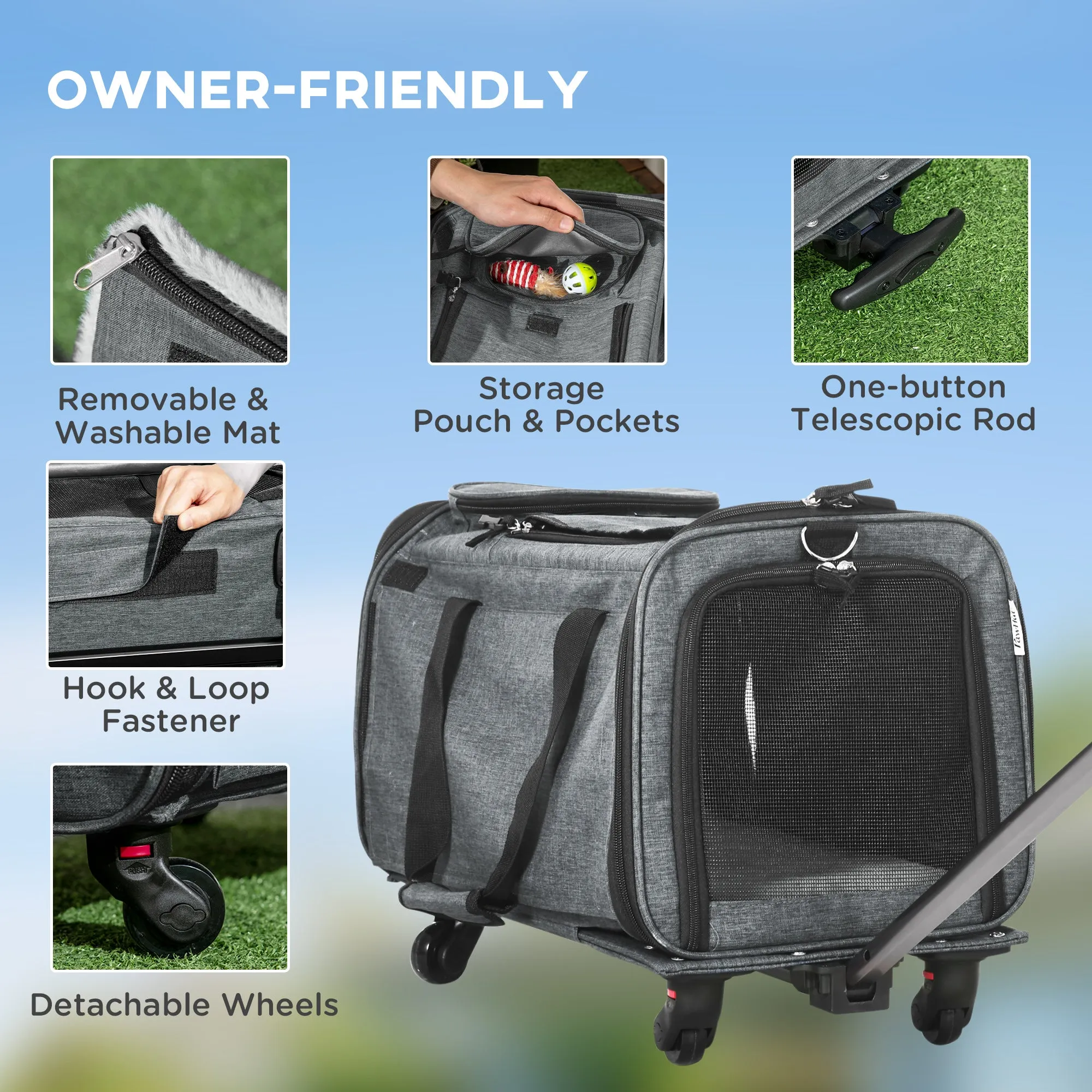 PawHut 4 in 1 Pet Carrier On Wheels for Cats XS Dogs W/ Telescopic Handle, Grey