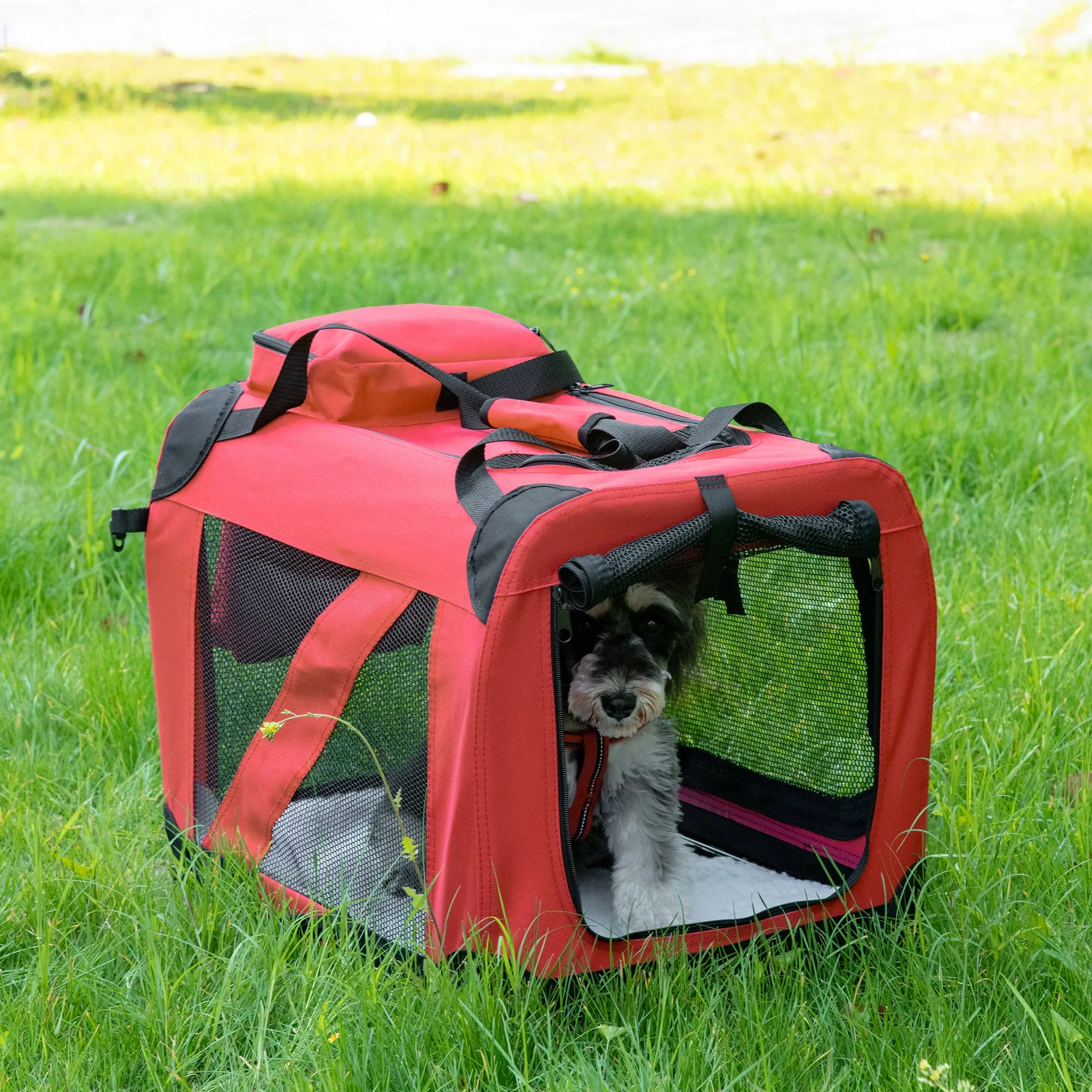 PawHut 60cm Foldable Pet Carrier, Soft Side Pet Travel Crate w/ Mat, Red