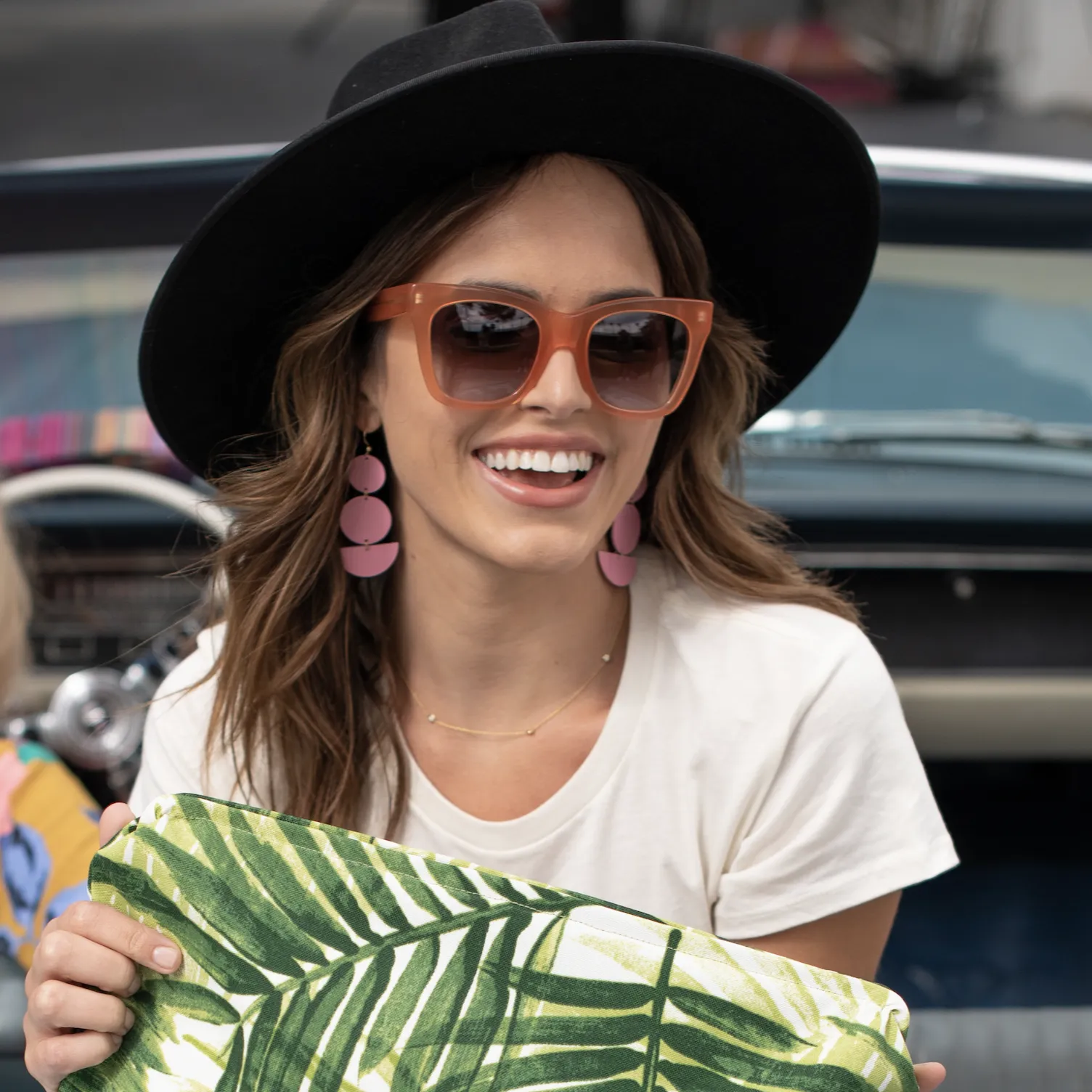 Peony Geo Drop Leather Earrings