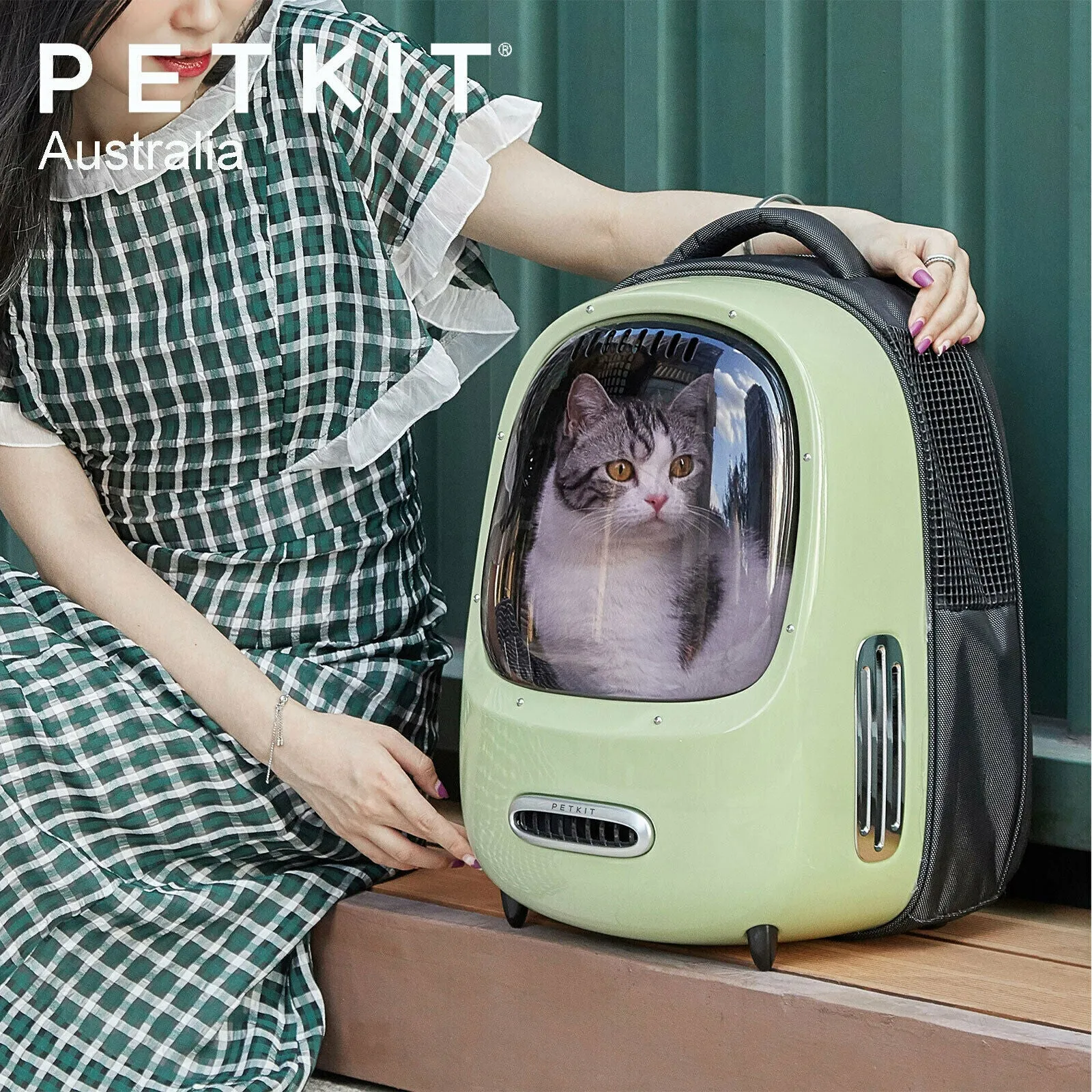 PETKIT Auto Air Fresh Cat Kitten Puppy Lamp Fan Capsule Carrier Backpack Travel - green