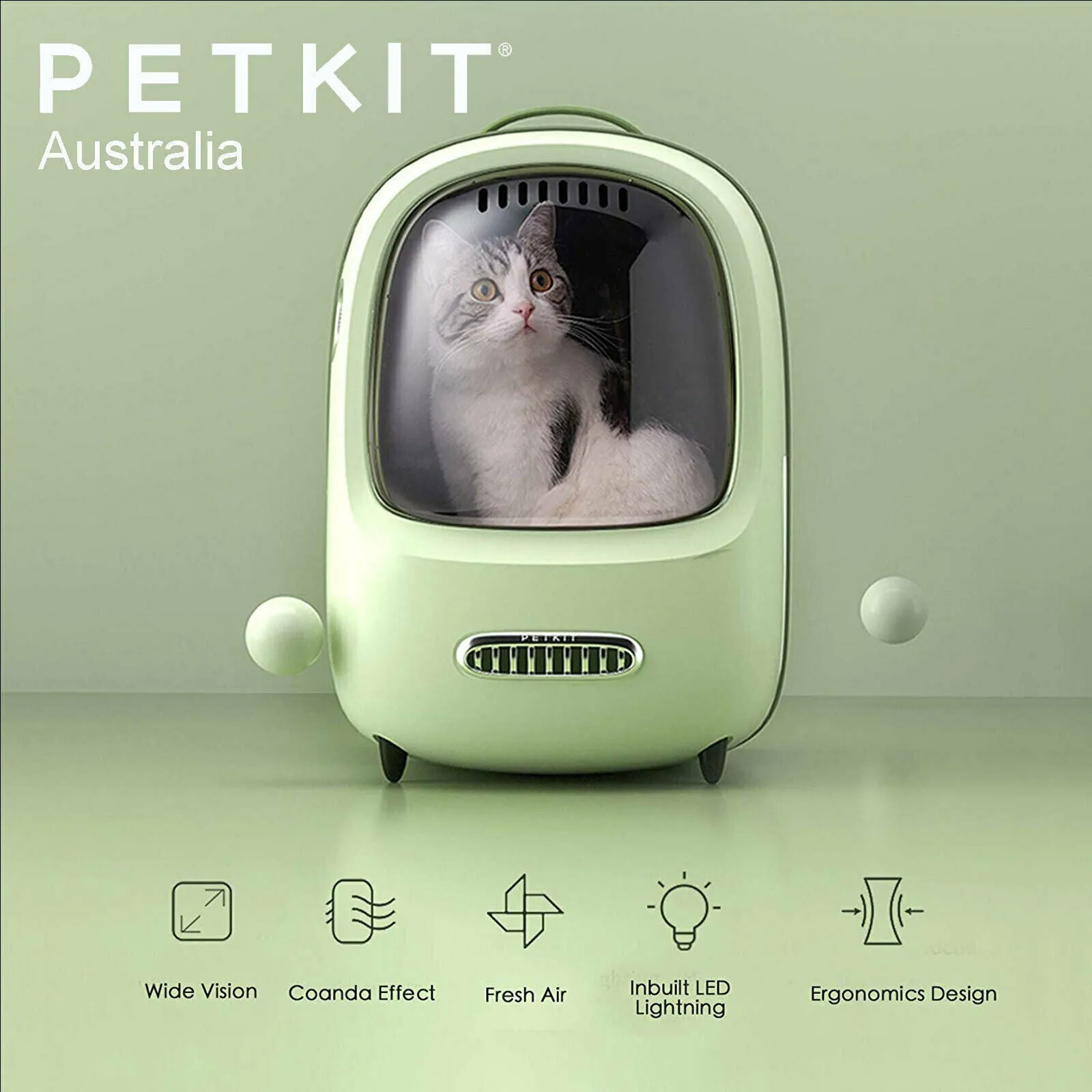 PETKIT Auto Air Fresh Cat Kitten Puppy Lamp Fan Capsule Carrier Backpack Travel - green