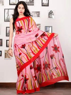 Pink Red Olive Green Block Printed & Hand Painted Cotton Mul Saree - S031702927