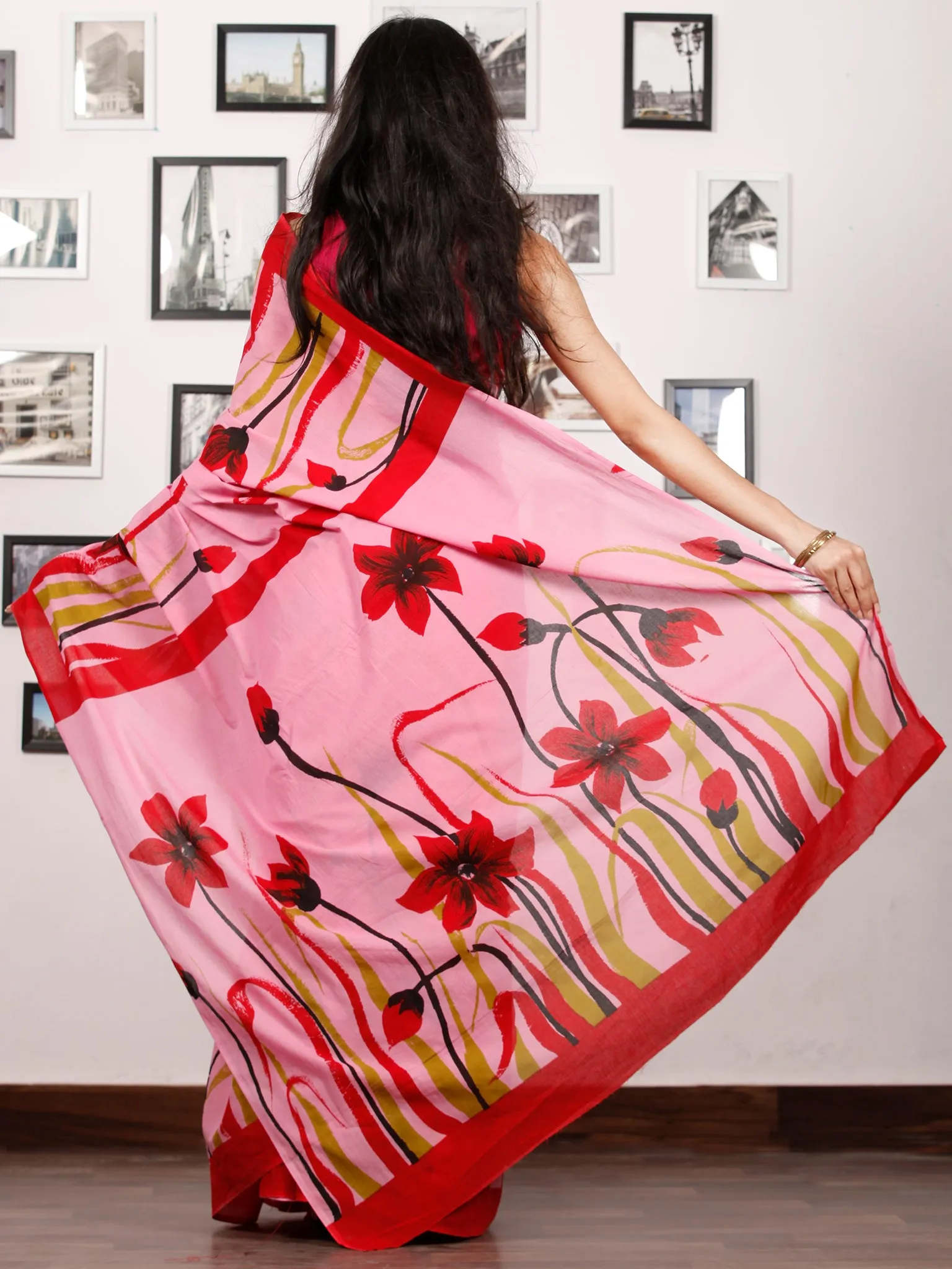 Pink Red Olive Green Block Printed & Hand Painted Cotton Mul Saree - S031702927