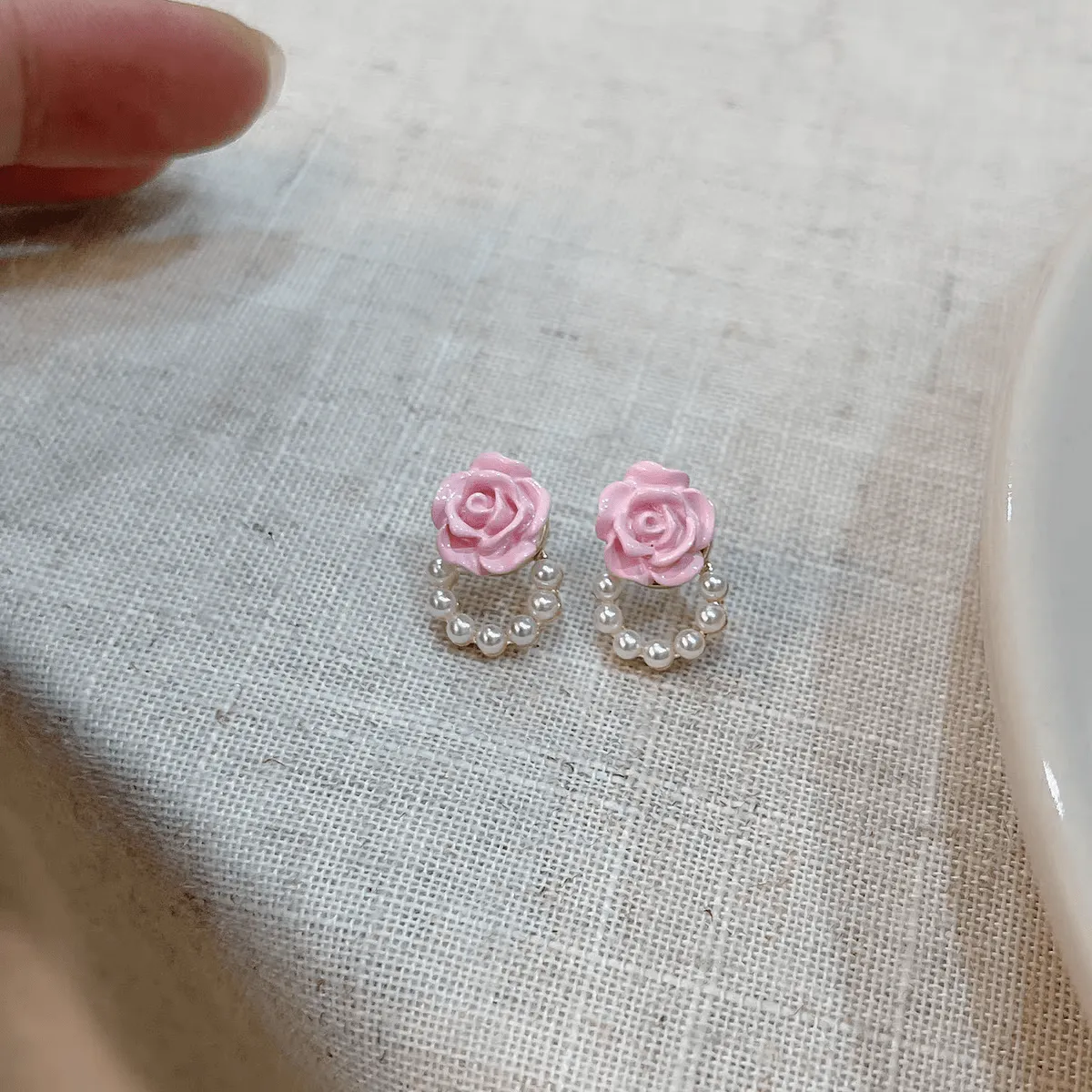 Pink Rose Pearl Chain Earrings