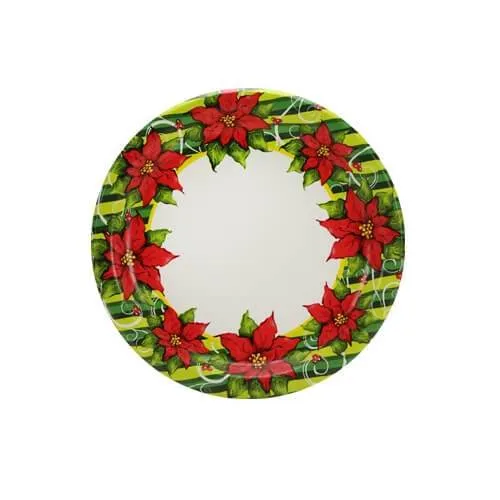 Premium Heavy Weight Paper Poisettia Wreath Tableware<br/>Size Options: 10inch Plate, 7inch Plate, Lunch Napkin, Beverage Napkin, 9oz Cup and 54inchx96inch Tablecover