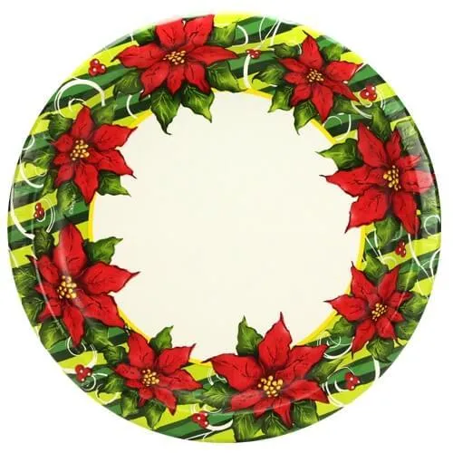 Premium Heavy Weight Paper Poisettia Wreath Tableware<br/>Size Options: 10inch Plate, 7inch Plate, Lunch Napkin, Beverage Napkin, 9oz Cup and 54inchx96inch Tablecover