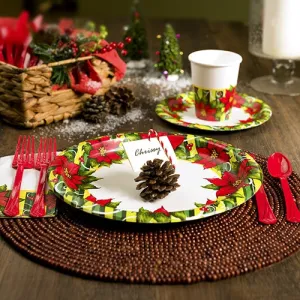 Premium Heavy Weight Paper Poisettia Wreath Tableware<br/>Size Options: 10inch Plate, 7inch Plate, Lunch Napkin, Beverage Napkin, 9oz Cup and 54inchx96inch Tablecover