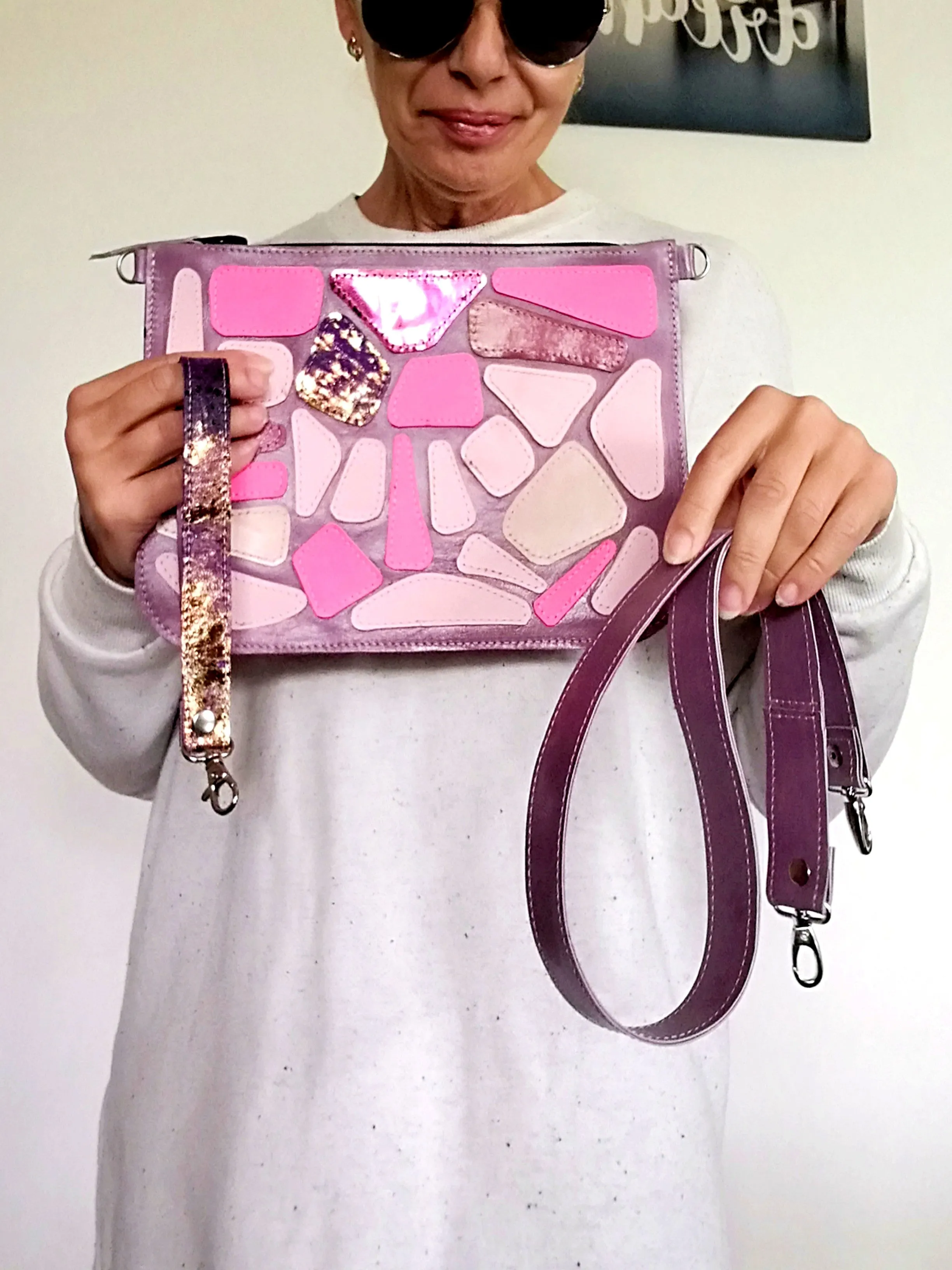 Purple Italian Leather Clutch Bag Convertible Leather Bag