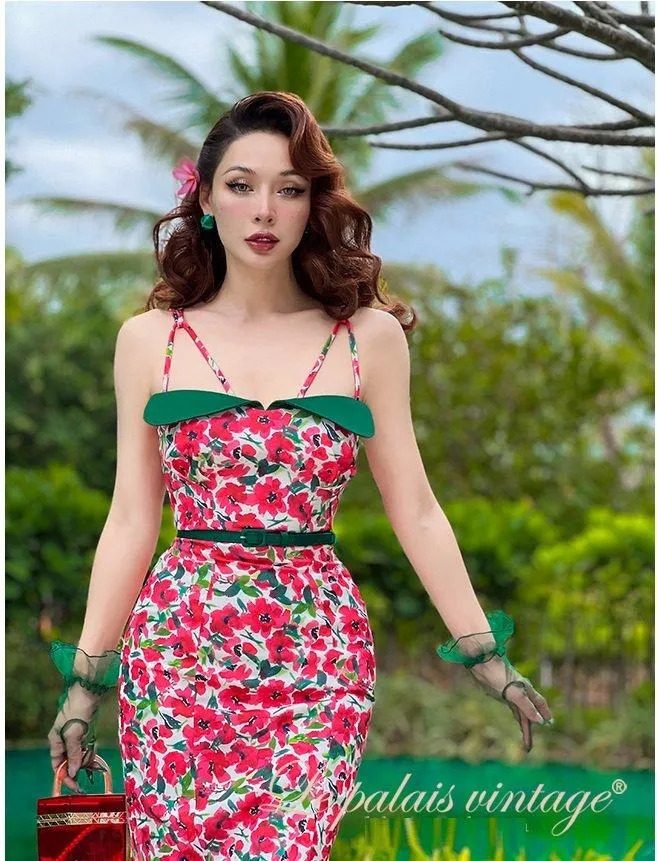 Retro elegant red floral spaghetti strap dress- Eden