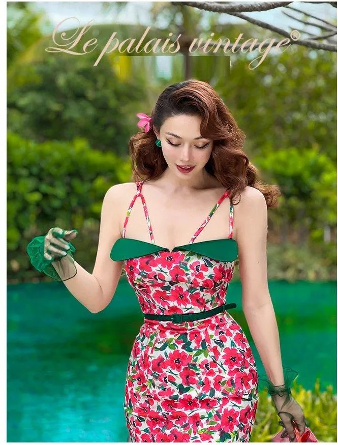 Retro elegant red floral spaghetti strap dress- Eden