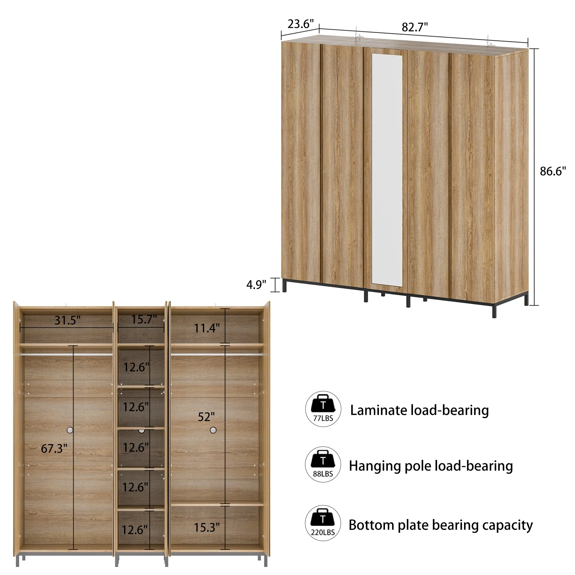 Spacious 5 Door Oak Wardrobe with Mirror 82.7"W Closet Cabinet Armoire