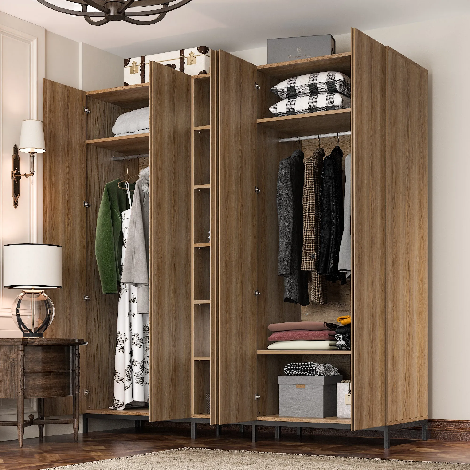 Spacious 5 Door Oak Wardrobe with Mirror 82.7"W Closet Cabinet Armoire