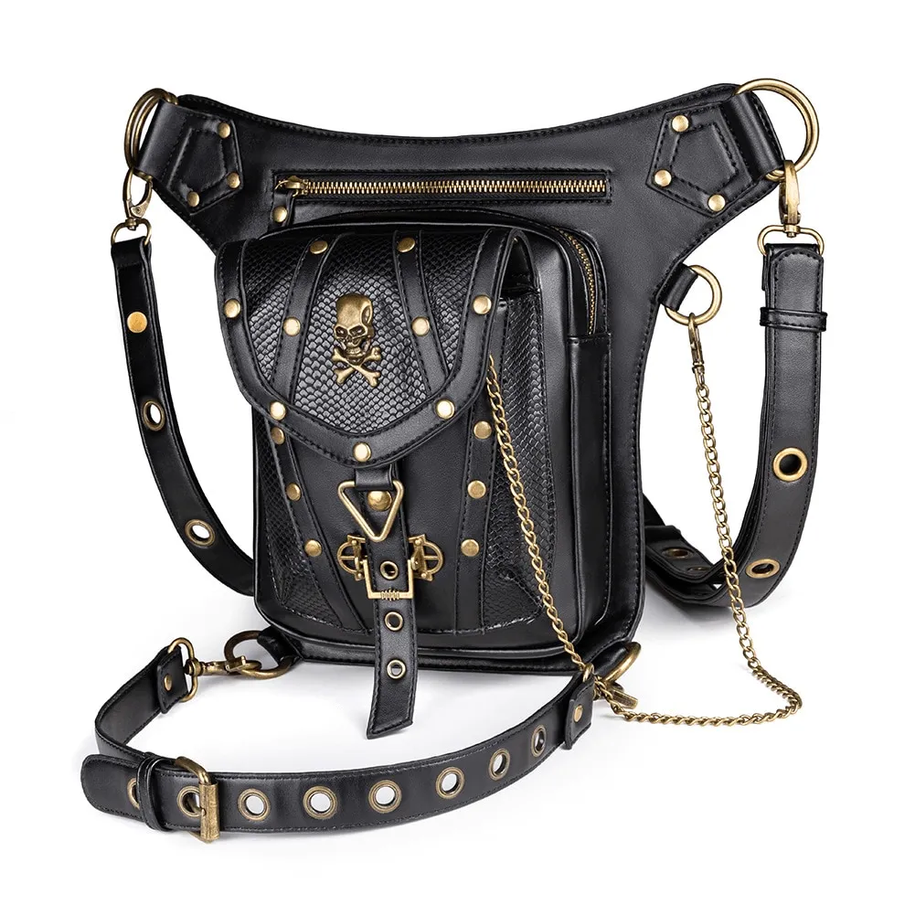 Steampunk Single Shoulder Bag With Chains / Outdoor Skull Bike Motorcycle Waist Bags