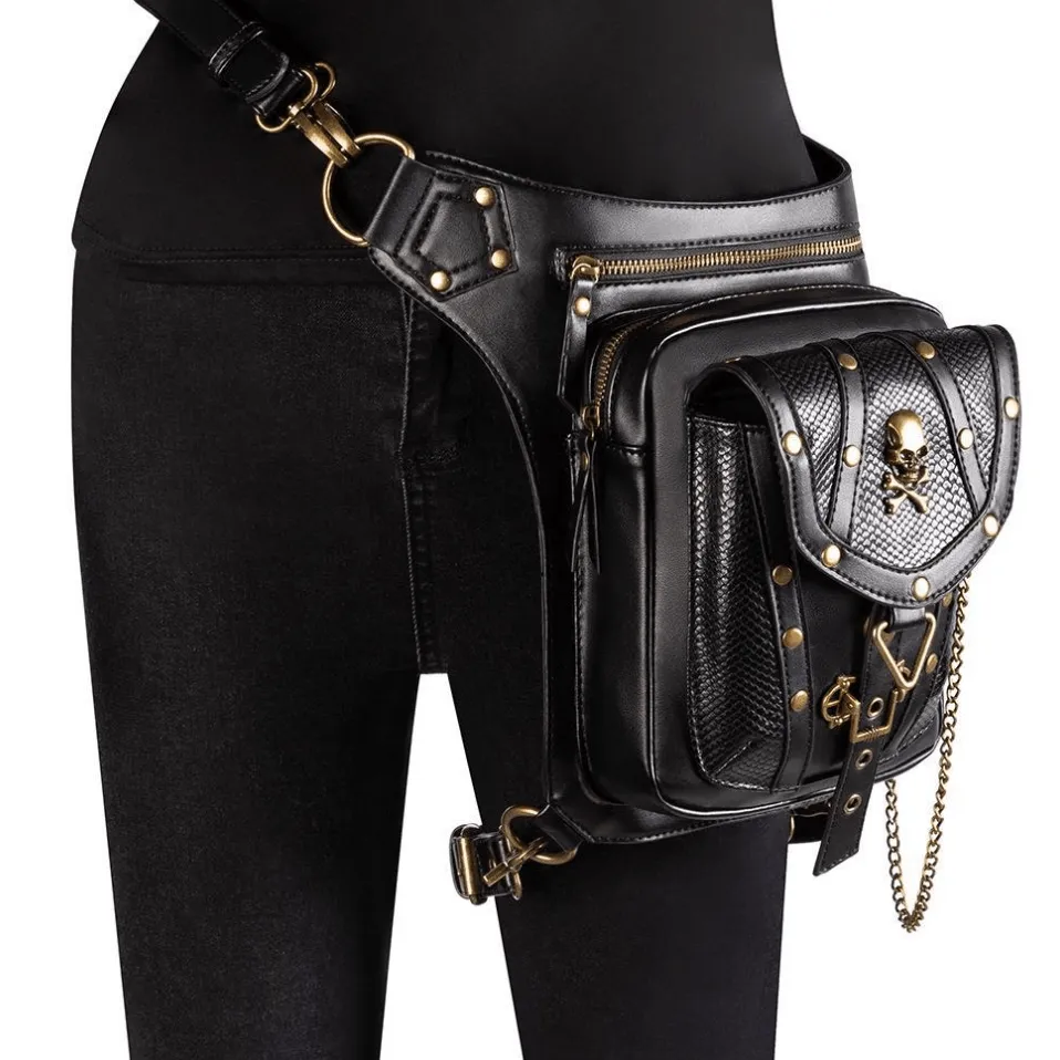 Steampunk Single Shoulder Bag With Chains / Outdoor Skull Bike Motorcycle Waist Bags