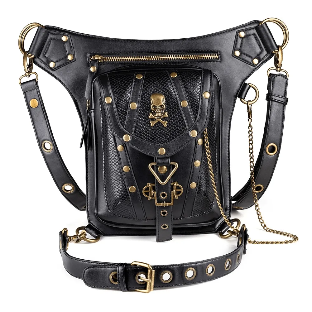 Steampunk Single Shoulder Bag With Chains / Outdoor Skull Bike Motorcycle Waist Bags