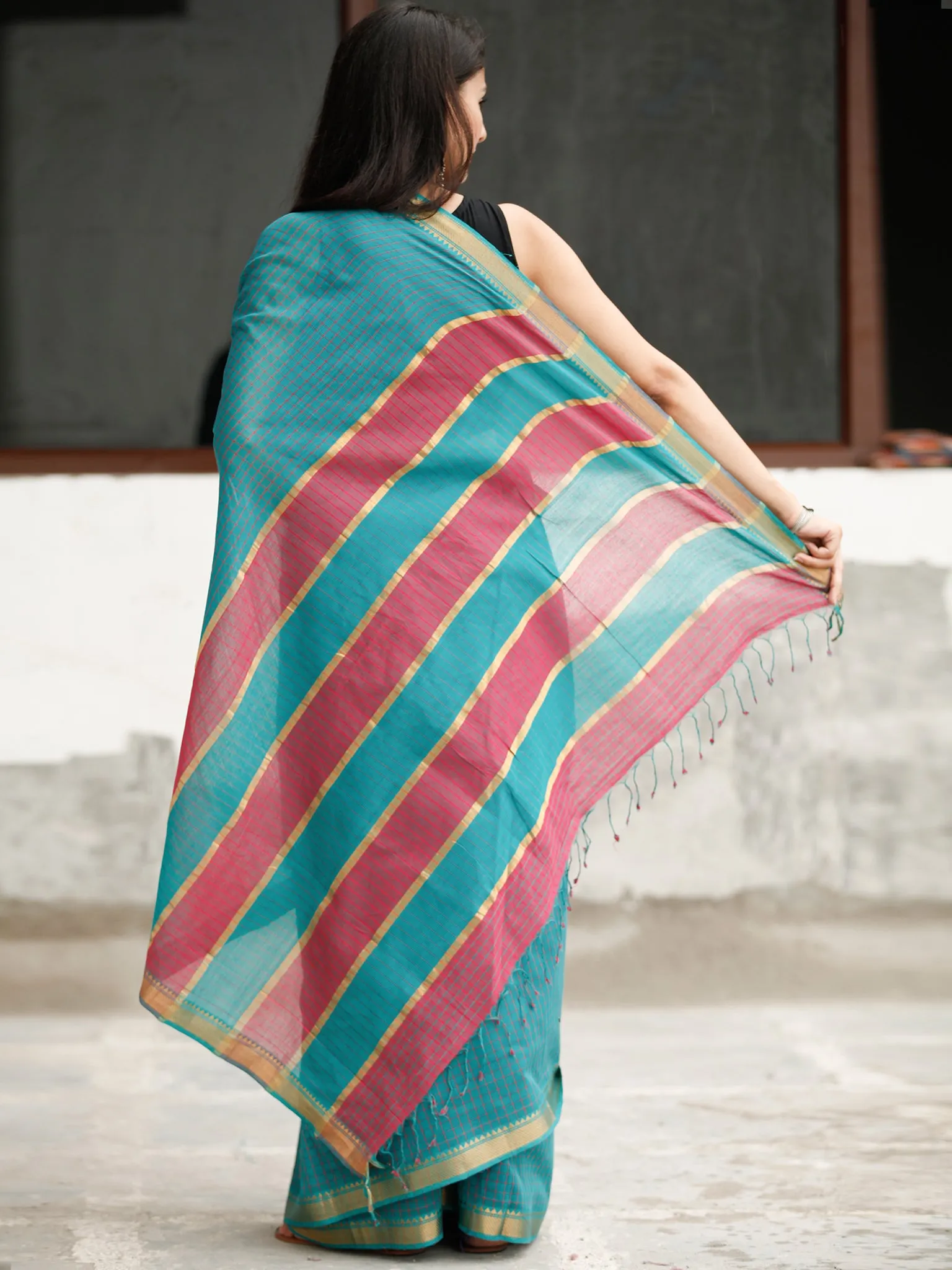 Teal Green Coral Handloom Mangalagiri Cotton Saree With Zari Border - S031704051