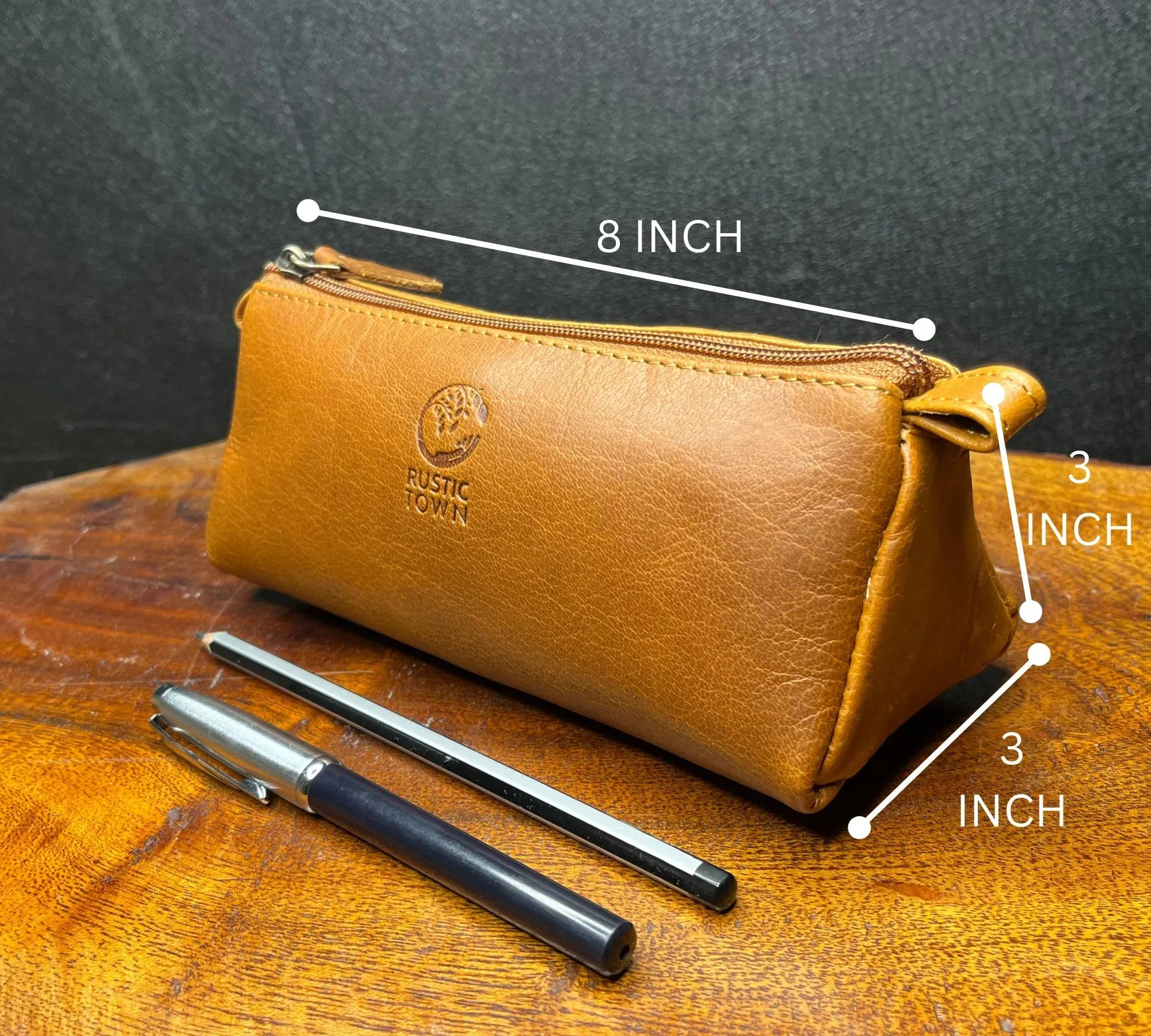 Tom Leather Pencil Case - Zippered Pen Pouch (Cognac)