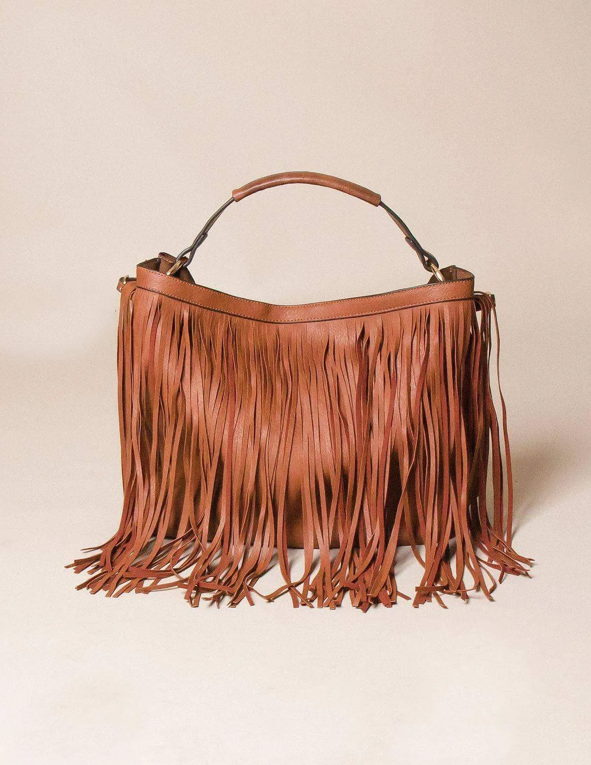 Vegan Leather 2-in-1 Fringe Tote - Brown