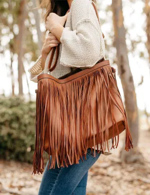 Vegan Leather 2-in-1 Fringe Tote - Brown