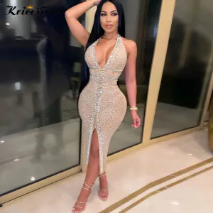 VenusFox Kricesseen Sexy New Halter Sequined Slit Skinny Midi Dress Fashion Women Hot Backless Side Split Bodycon Night Clubwear Dress