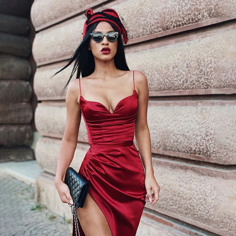 VenusFox Satin Women Dress Solid Strap Midi Dress Ruched High Slit Bodycon Sexy Streetwear Party Elegant Summer Dress Festival