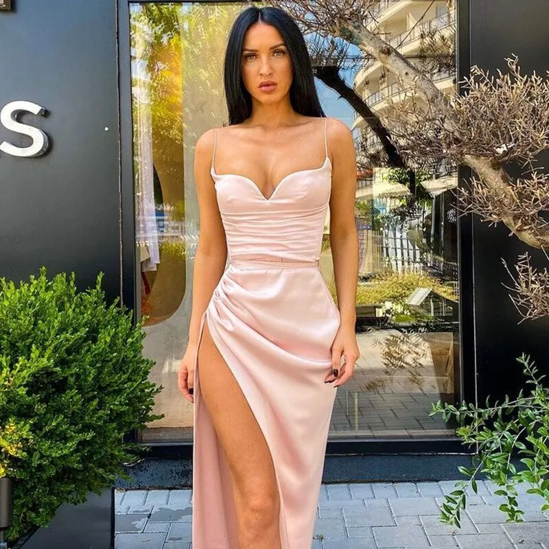 VenusFox Satin Women Dress Solid Strap Midi Dress Ruched High Slit Bodycon Sexy Streetwear Party Elegant Summer Dress Festival