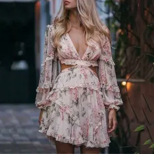 VenusFox Sexy Summer Print Chiffon V Neck  Lantern Sleeve High Waist Mini Dresses