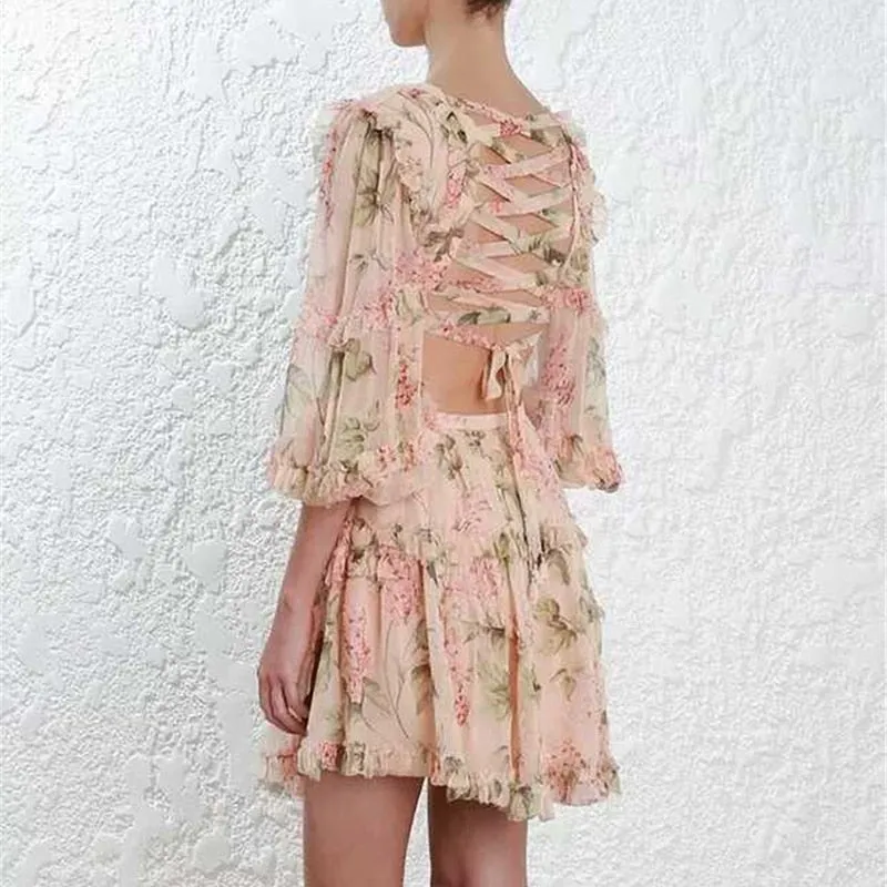 VenusFox Sexy Summer Print Chiffon V Neck  Lantern Sleeve High Waist Mini Dresses