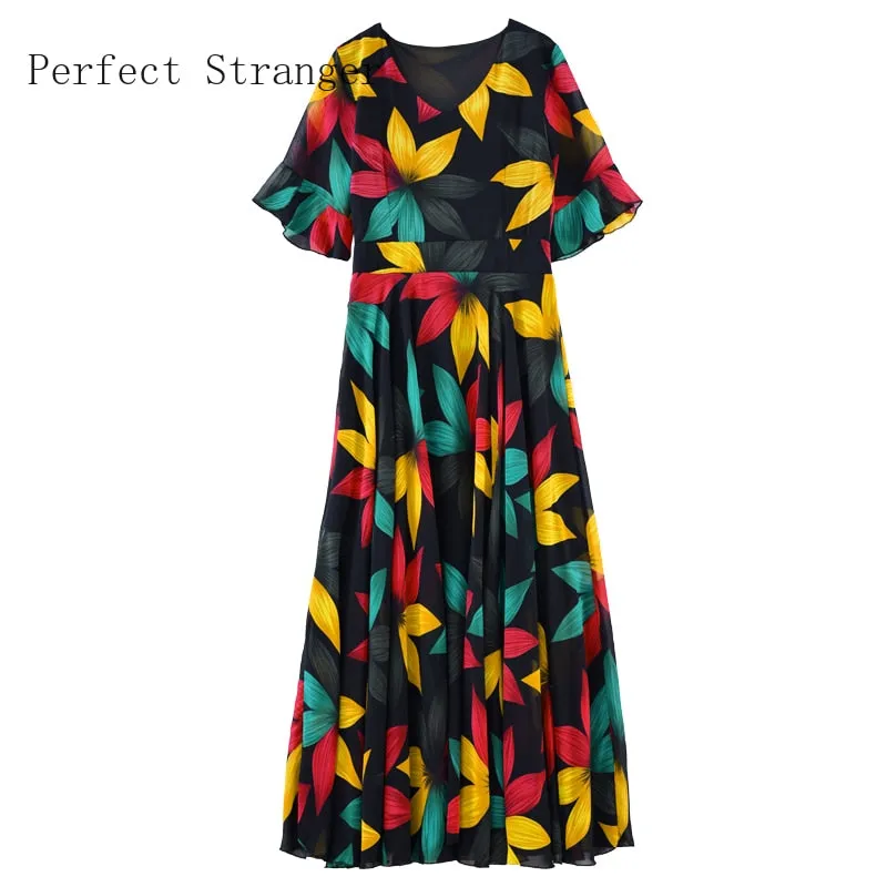 VenusFox Summer New Arrival  Elegant Korean V Collar Flare Sleeve Women Chiffon Long Dress High Quality