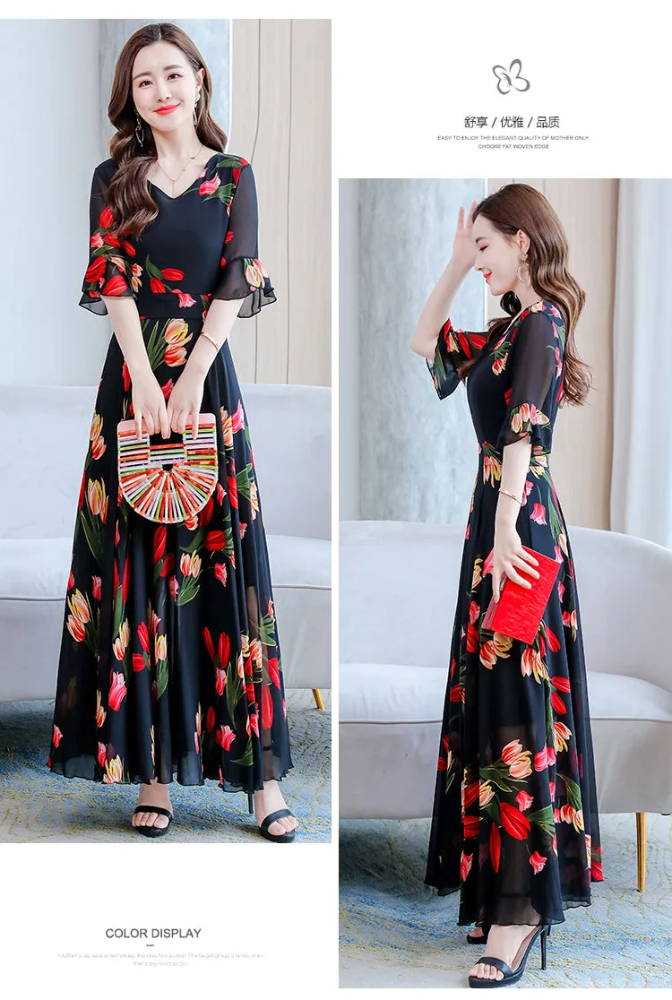 VenusFox Summer New Arrival  Elegant Korean V Collar Flare Sleeve Women Chiffon Long Dress High Quality