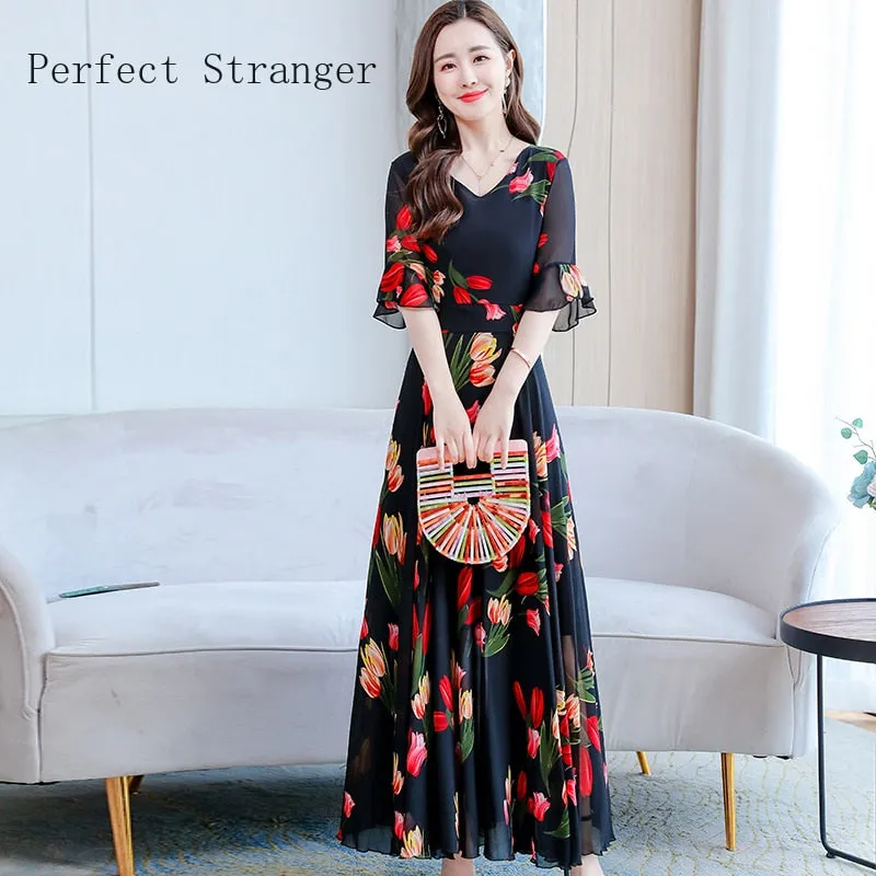 VenusFox Summer New Arrival  Elegant Korean V Collar Flare Sleeve Women Chiffon Long Dress High Quality