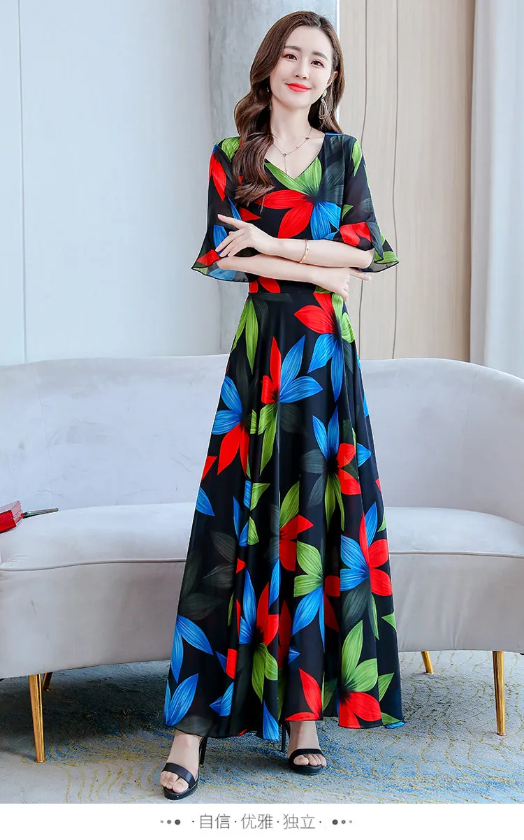 VenusFox Summer New Arrival  Elegant Korean V Collar Flare Sleeve Women Chiffon Long Dress High Quality