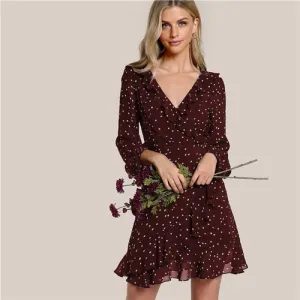 VenusFox Women Long Sleeve High Waist V Neck Wrap Sexy Party Mini Dress