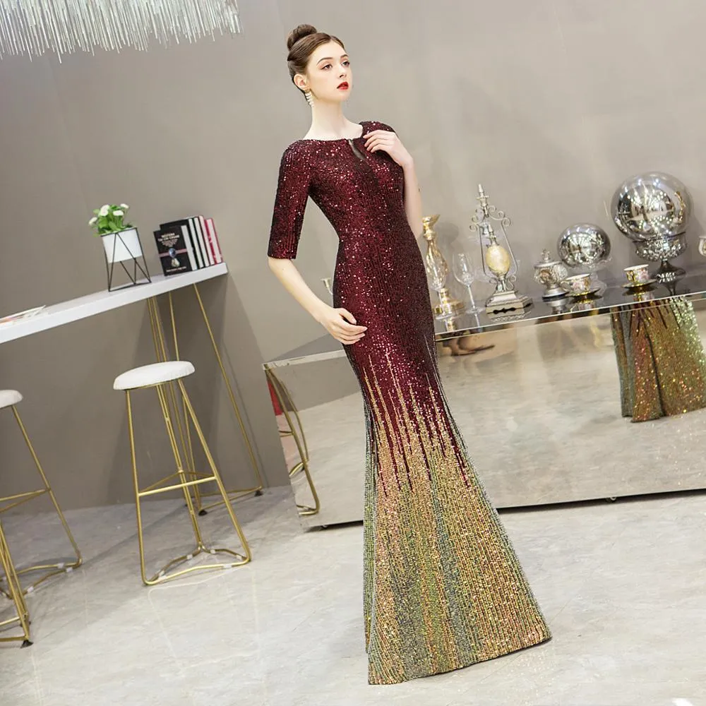 wei yin AE0237 Muslim Half Sleeve Kaftan Dubai Arabic Turkish Mermaid Formal Evening Party Prom Gown Dress Sequined Gowns Dresse