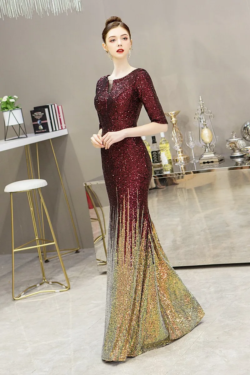 wei yin AE0237 Muslim Half Sleeve Kaftan Dubai Arabic Turkish Mermaid Formal Evening Party Prom Gown Dress Sequined Gowns Dresse