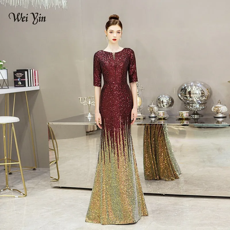 wei yin AE0237 Muslim Half Sleeve Kaftan Dubai Arabic Turkish Mermaid Formal Evening Party Prom Gown Dress Sequined Gowns Dresse